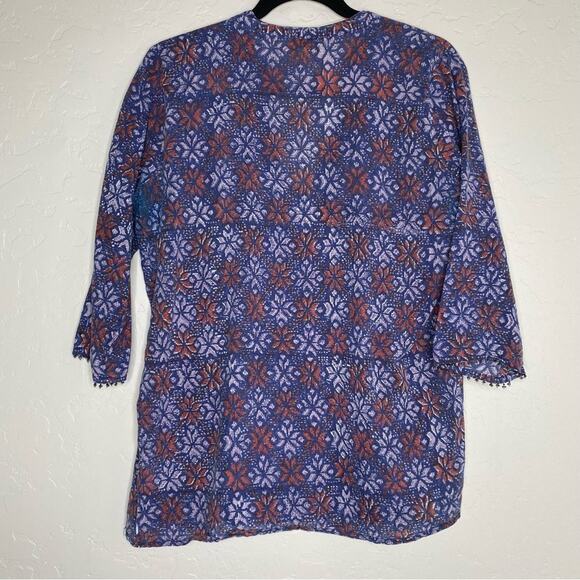 Roberta Roller Rabbit Blue Snowflake Pattern Beaded Trim V Neck Blouse XS - Picture 11 of 12